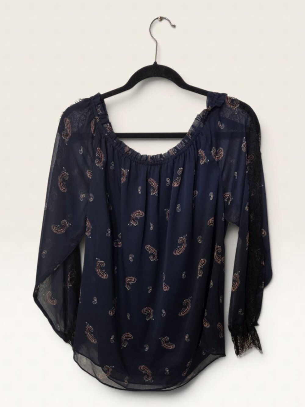 White House Black Market Paisley Chiffon Blouse Womens Large Lace Sleeve Navy